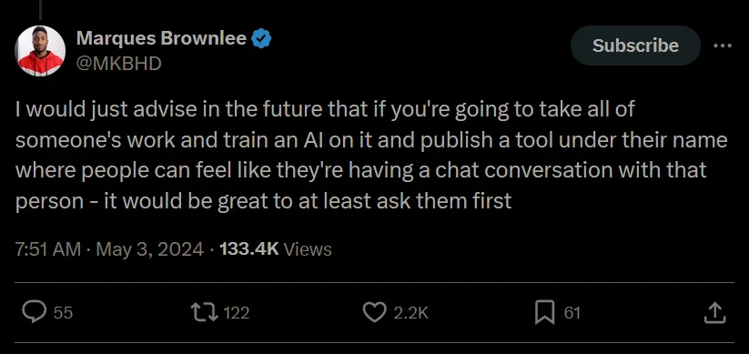 Marques Brownlee on X talking about an AI tool created in his image.