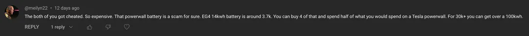 Comment: The both of you got cheated. So expensive. That powerwall battery is a scam for sure. EG4 14kwh battery is around 3.7k. You can buy 4 of that and spend half of what you would spend on a Tesla powerwall. For 30k+ you can get over a 100kwh.